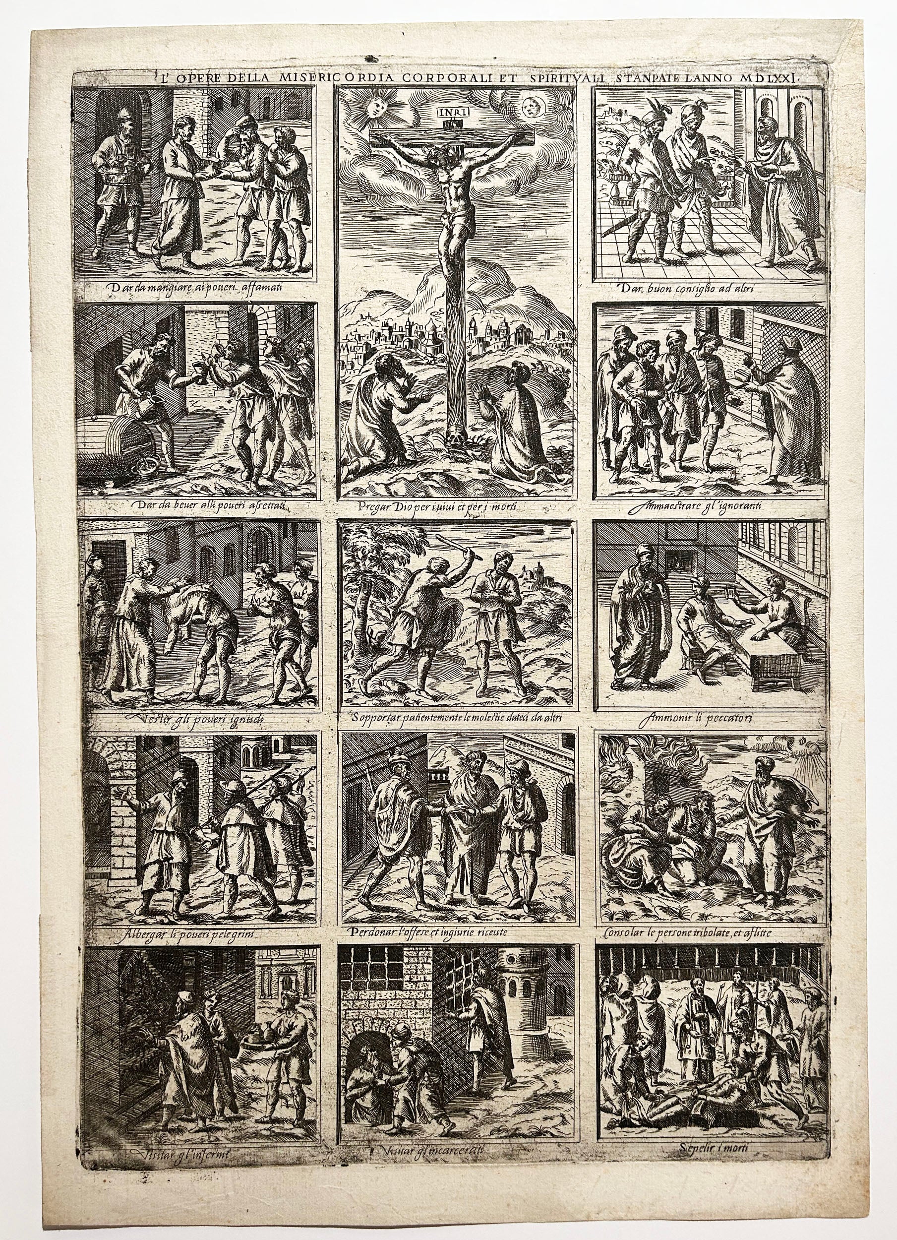 L'Opere della Misericordia corporali et spirituali stanpate l'anno MDLXXI. 1571. Imagerie italienne du 16ème. Gravure.
