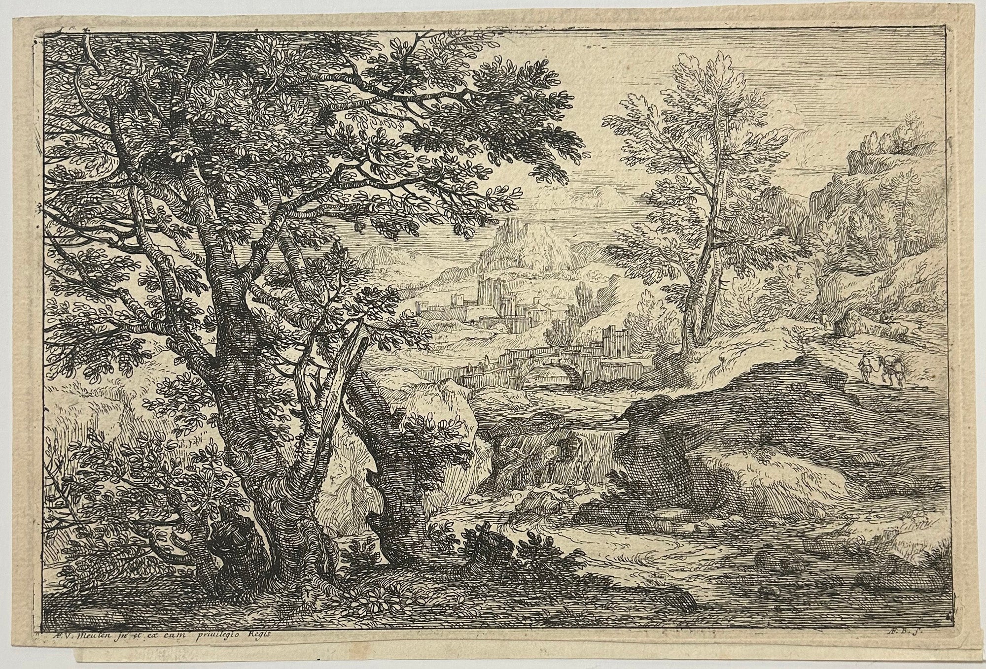 Paysage, Village au loin traversé par une rivière.