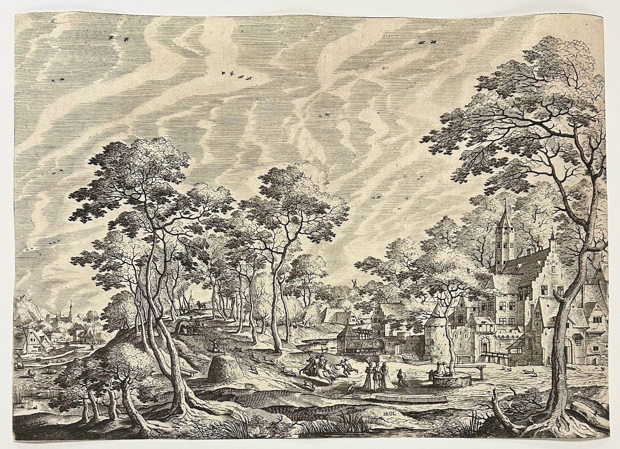 Paysage avec un château à droite. Sounding the Hunt in the morning.  1562.
