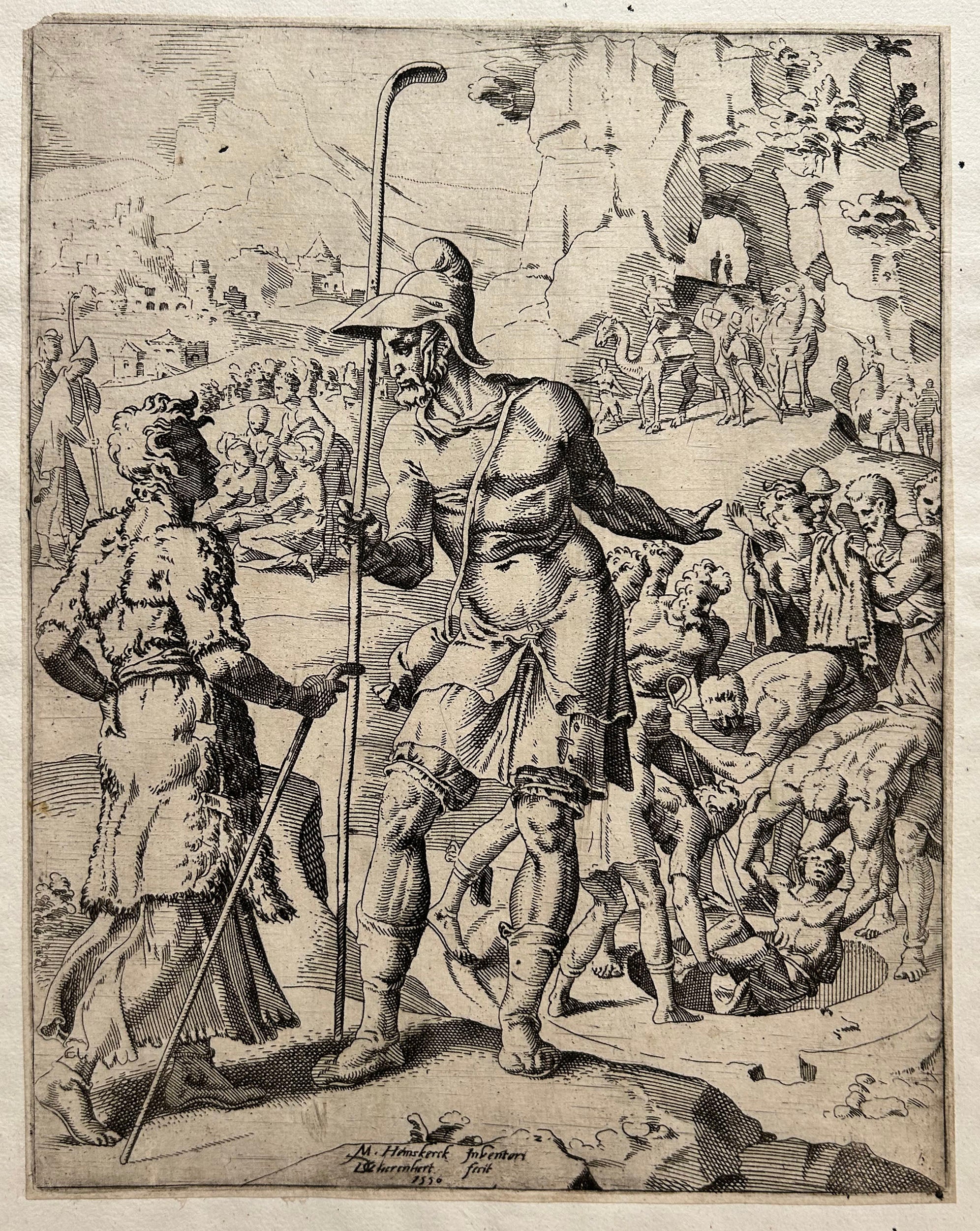 COORNHERT Dirk Volkertsz - Joseph demande à un berger où sont ses frères. 1550. Eau-forte d'après Maarten van Heemskerck.