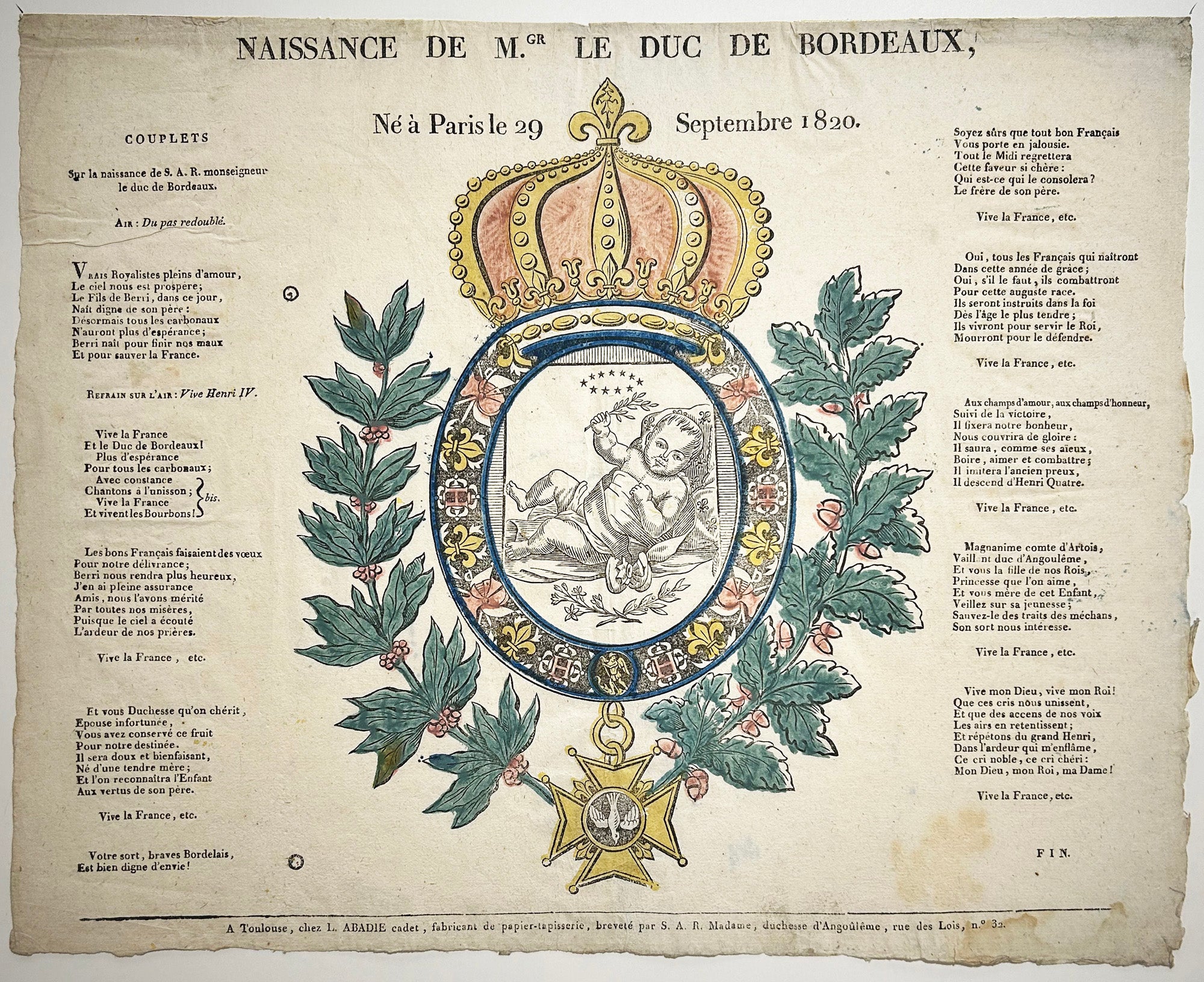Naissance de Mgr. Le Duc de Bordeaux, né à Paris le 29 septembre 1820.