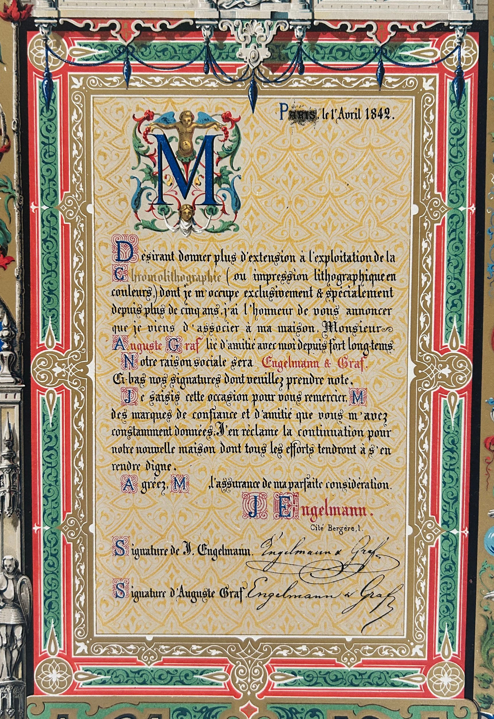 Annonce d'association de l'Imprimerie Engelmann avec Auguste Graf, le 1er avril 1842.  1842.