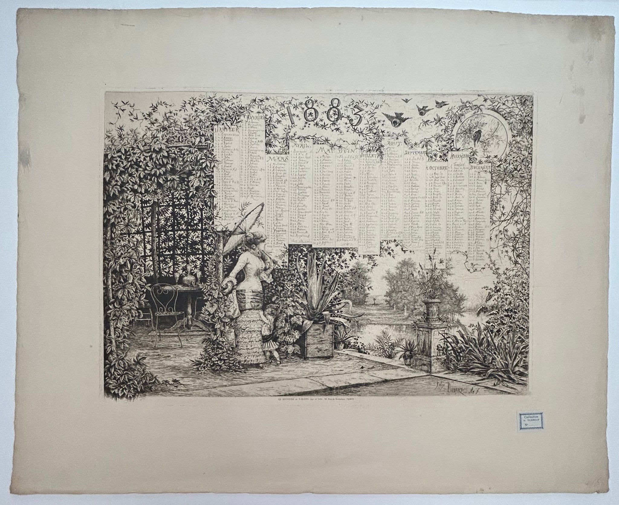 Calendrier pour 1883 (Femme et enfant se promenant dans un jardin).