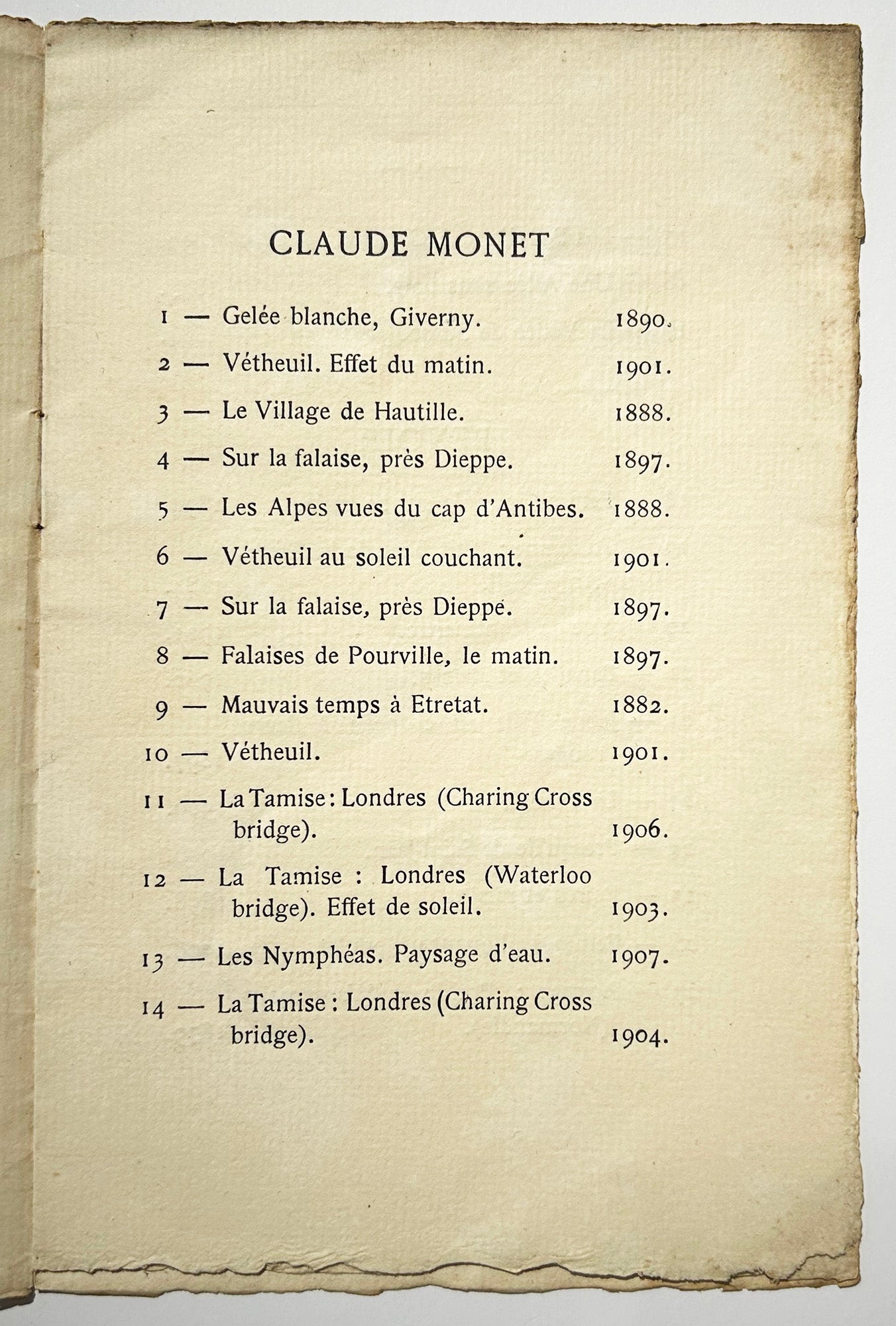 Catalogue de l'Exposition de Tableaux par Monet, C. Pissarro, Renoir et Sisley, du 1er au 30 juin 1910 à la Galerie Durand-Ruel, 16 rue Laffitte à Paris.