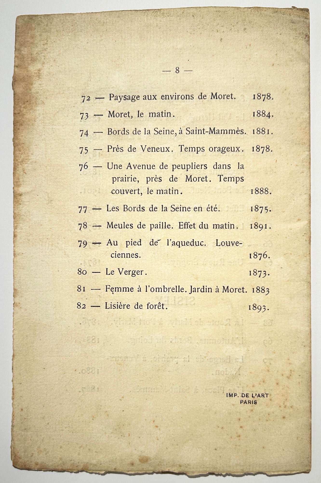 Catalogue de l'Exposition de Tableaux par Monet, C. Pissarro, Renoir et Sisley, du 1er au 30 juin 1910 à la Galerie Durand-Ruel, 16 rue Laffitte à Paris.