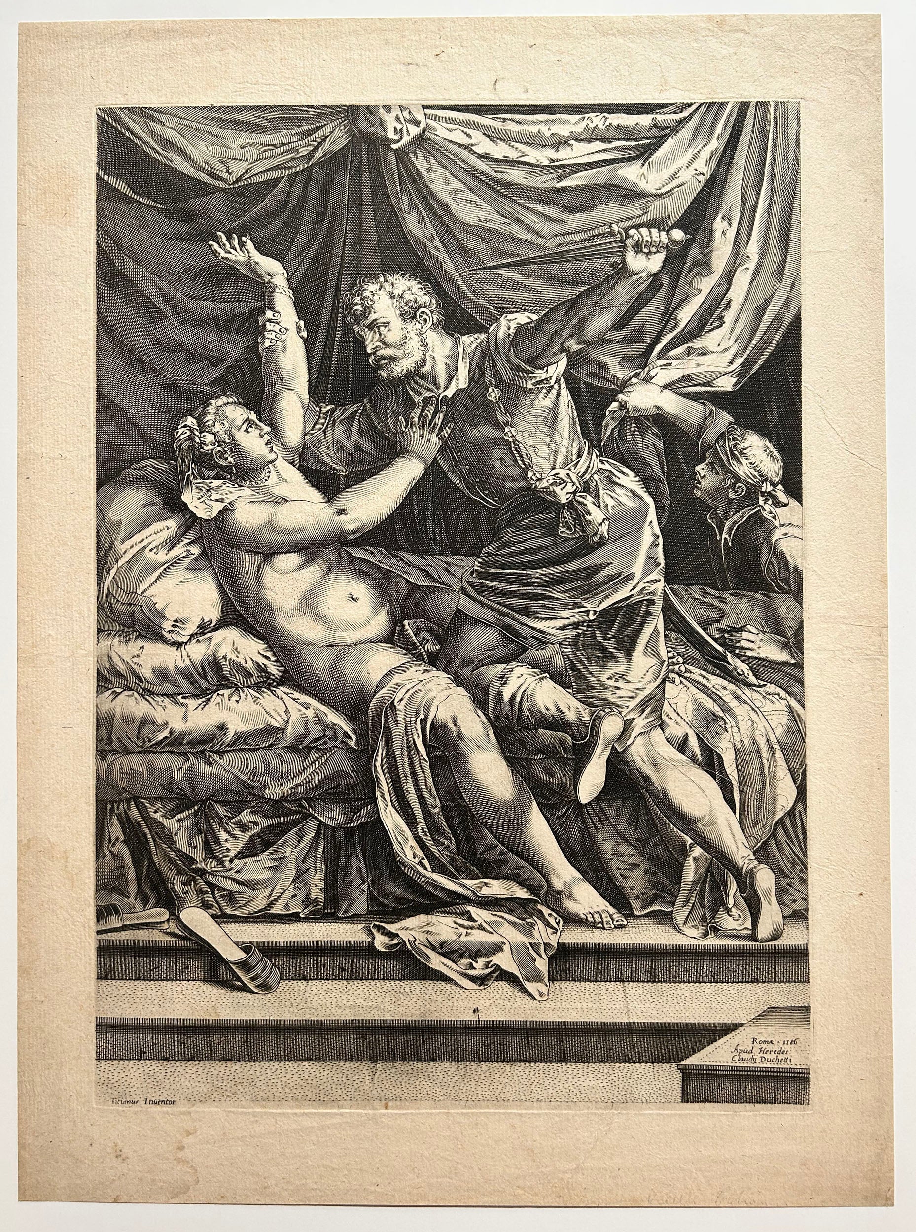 D'après Cornelis CORT - Tarquin et Lucrèce. 1586. Copie gravée à l'eau-forte et au burin par un anonyme de la fin du XVIème, d'après le tableau peint en 1571 par Le Titien (Pieve di Cadore c.1488 † Venise 1576).