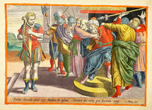 Charger l'image dans la galerie, Hans COLLAERT I - David jouant de la Harpe et Saül cherchant à le frapper avec le javelot. c.1579. Burin d'après Ambrosius Francken (1544 † 1618). Beau coloris d'époque, avec des réhauts à l'or.