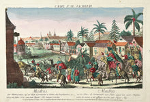 Charger l'image dans la galerie, BERGMÜLLER - Madras sur les côtes de Coromandel aux Indes, appartenant aux anglais, comme la même a été assiégée en 1781 par Hyder Aly. c.1780. Vue d'optique. Eau-forte en coloris ancien.