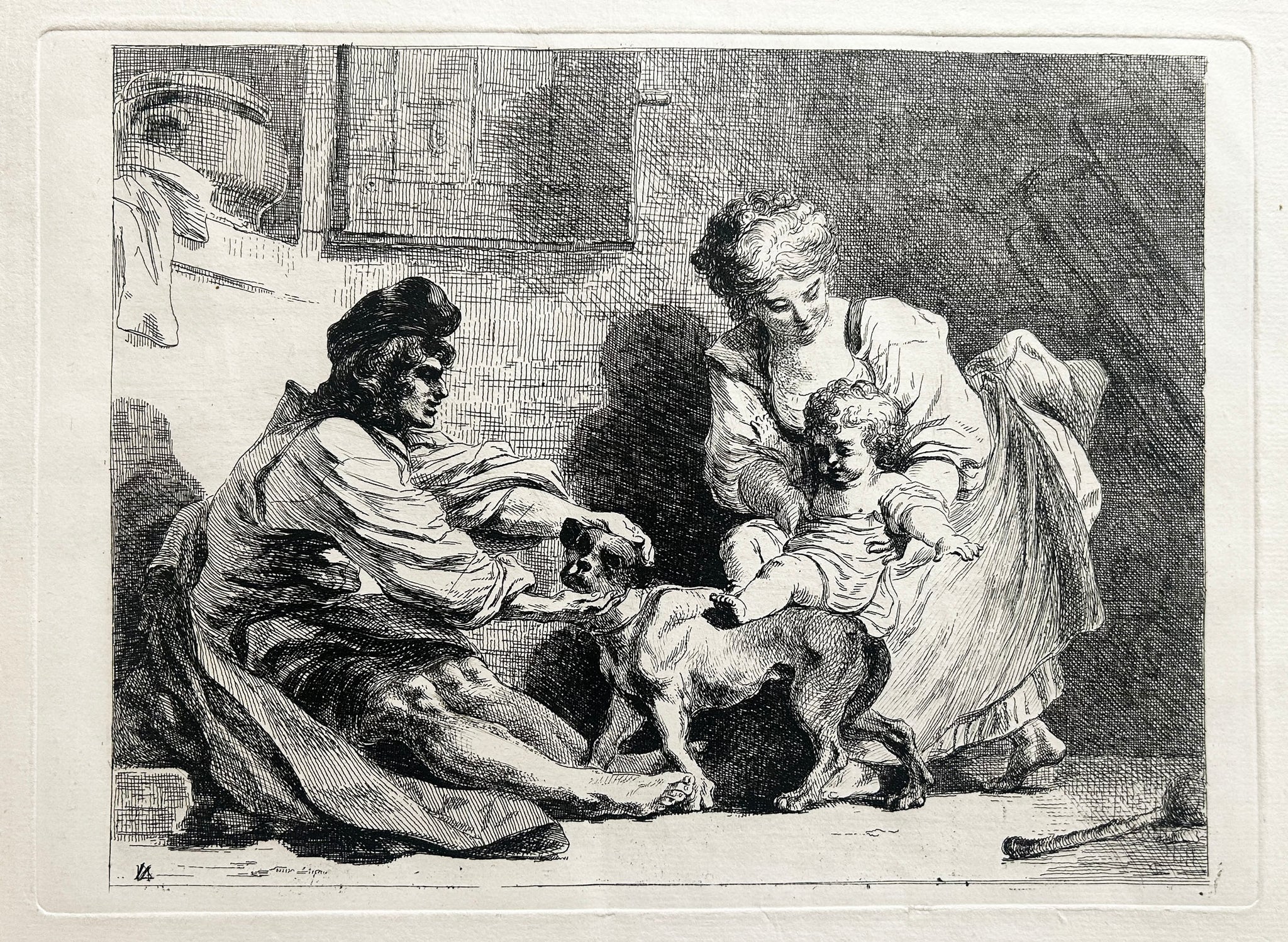 Dominique Vivant DENON L'enfant au chien. Un homme et une femme jouant avec un enfant et un chien.  1778. Eau-forte d'après Fragonard.