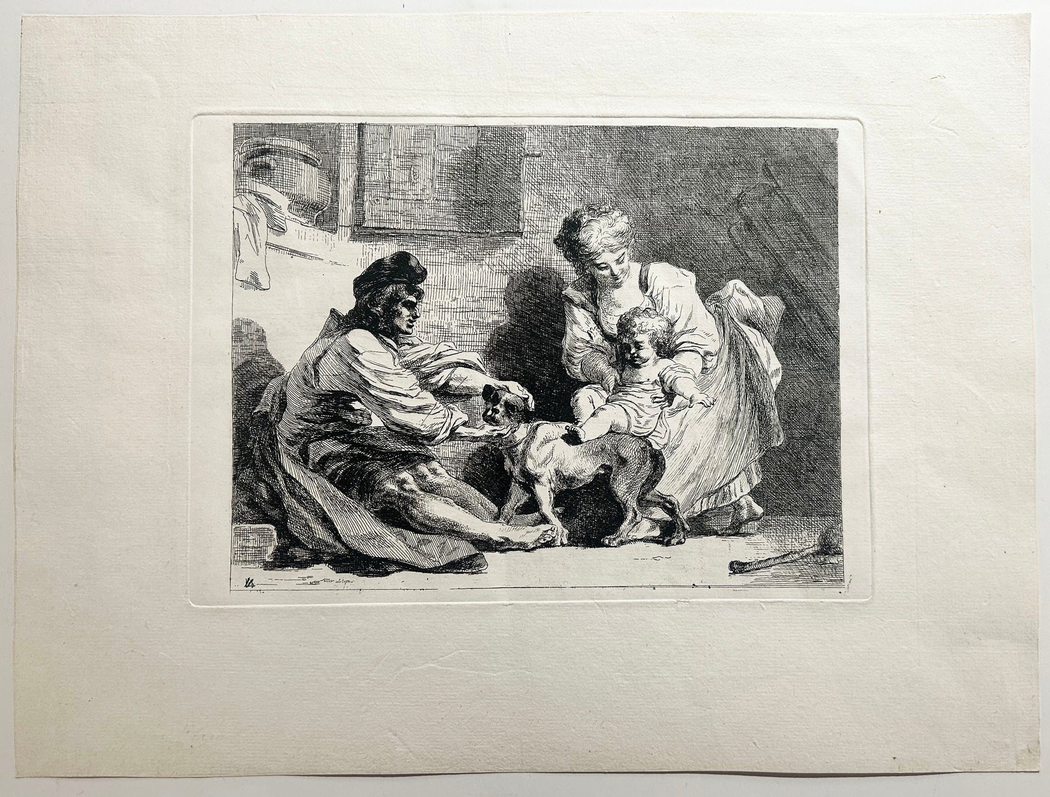 L'enfant au chien. Un homme et une femme jouant avec un enfant et un chien.  1778.