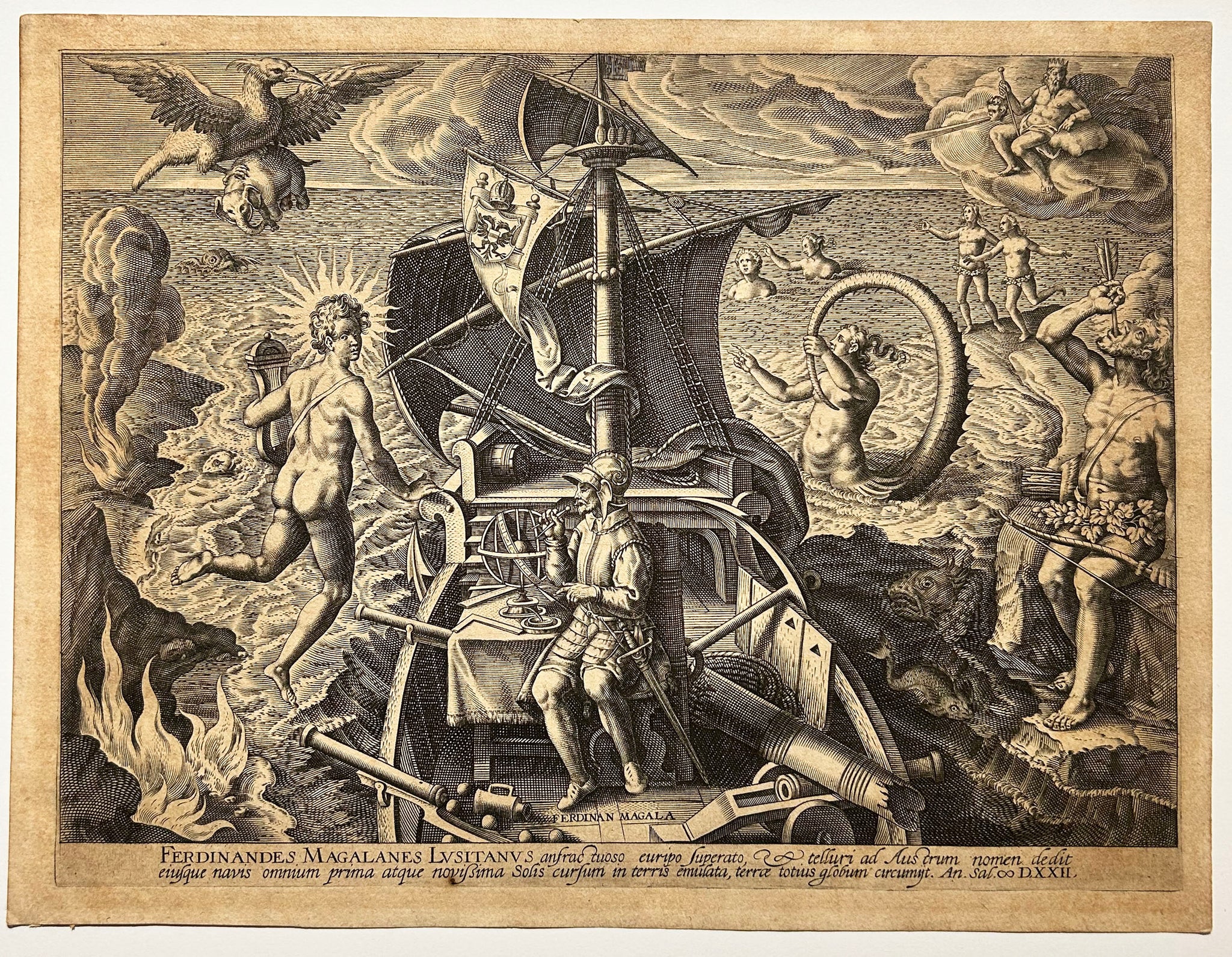 Jan van der STRADANUS. Ferdinandes Magalanes Lusitanus (Ferdinand Magellan). La découverte de l'Amérique. Gravure.