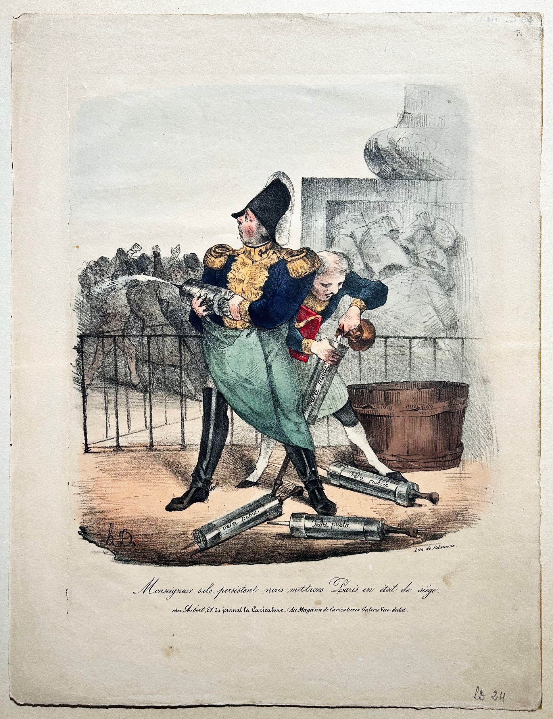 Honoré DAUMIER Monseigneur s'ils persistent nous mettrons Paris en état de siège. 1831. Lithographie originale en coloris ancien.