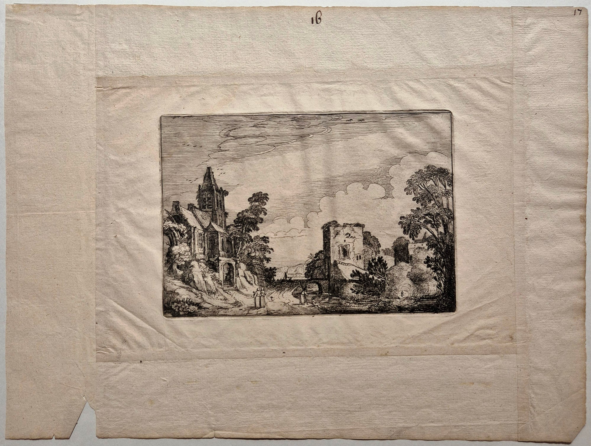 Paysage avec une tour et une église. Van de Velde.