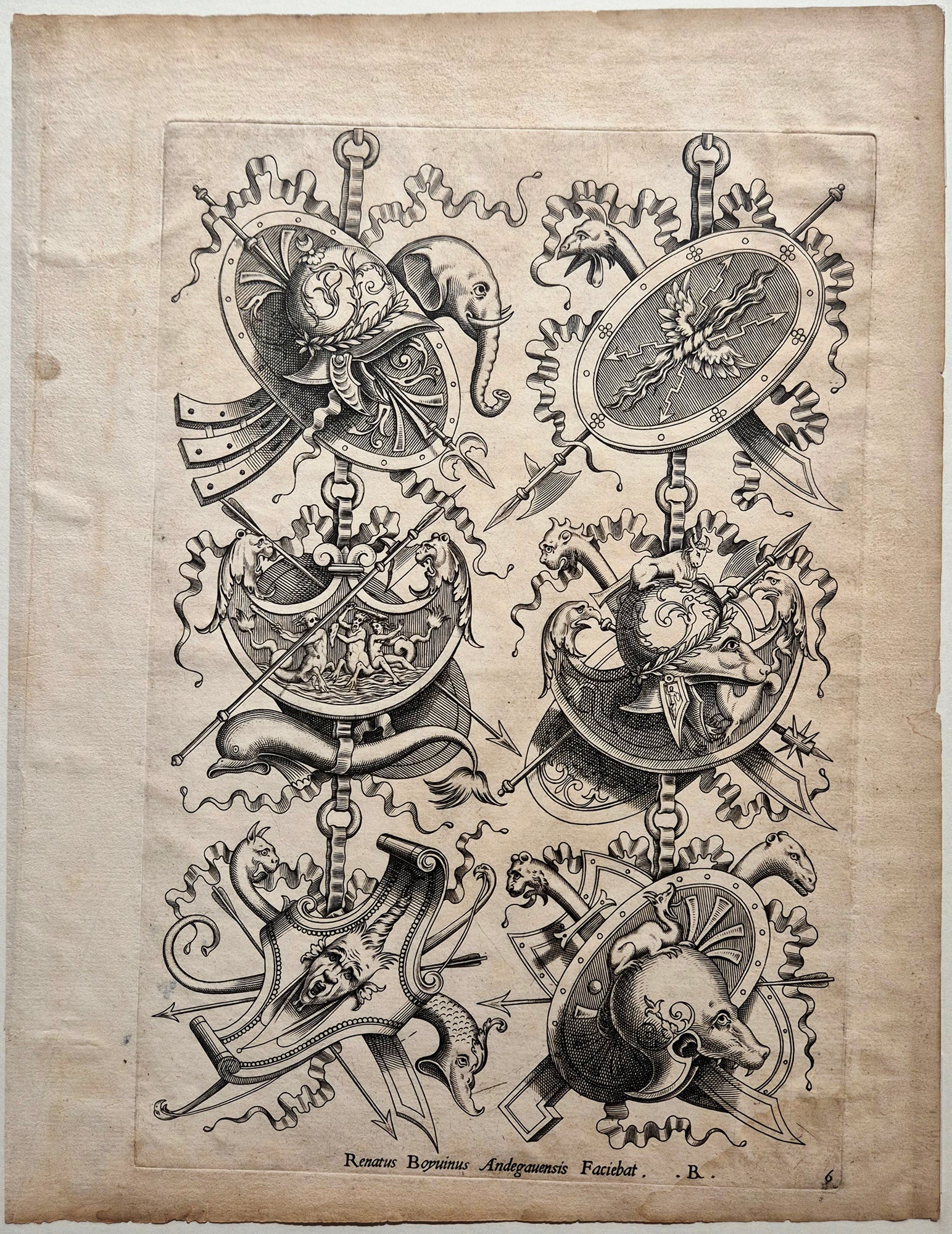 Trophées d'armes: instrument de musique orné d'une tête d'éléphant. Boyvin.