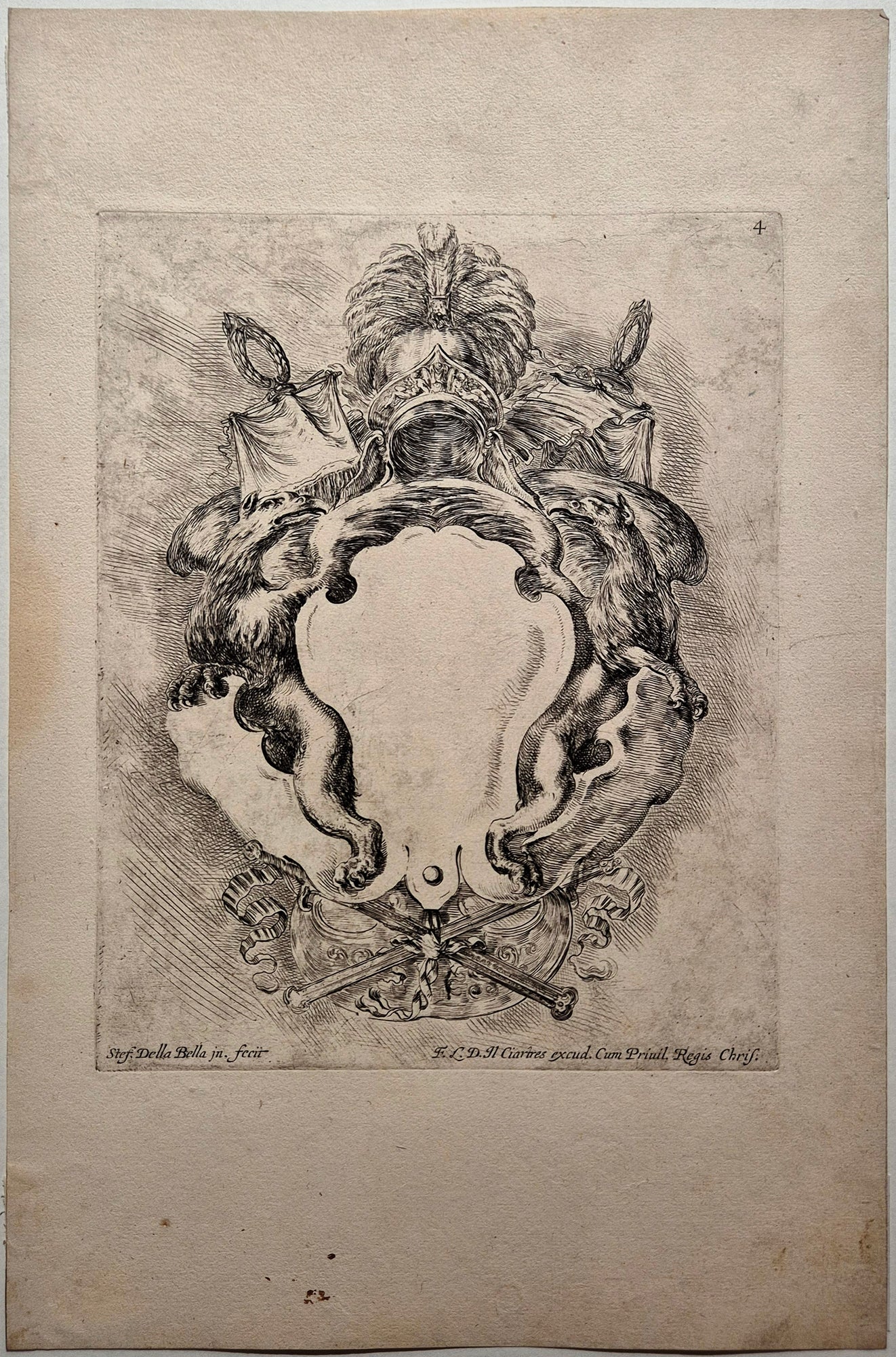 Cartouche flanqué de deux griffons. Della Bella.