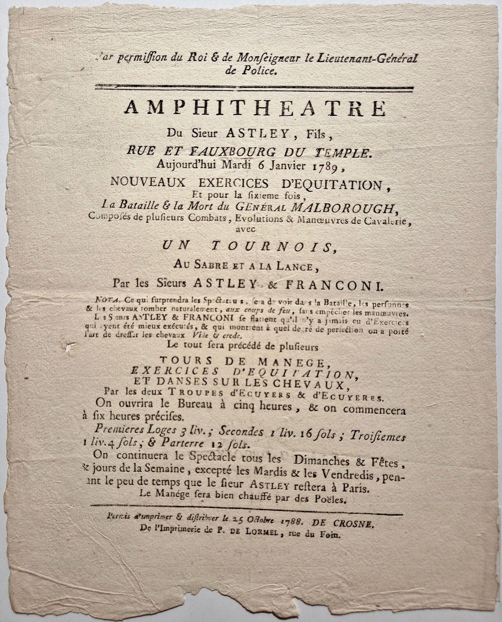 Annonce pour le spectacle d'Astley et Franconi. Affiche, Publicité.
