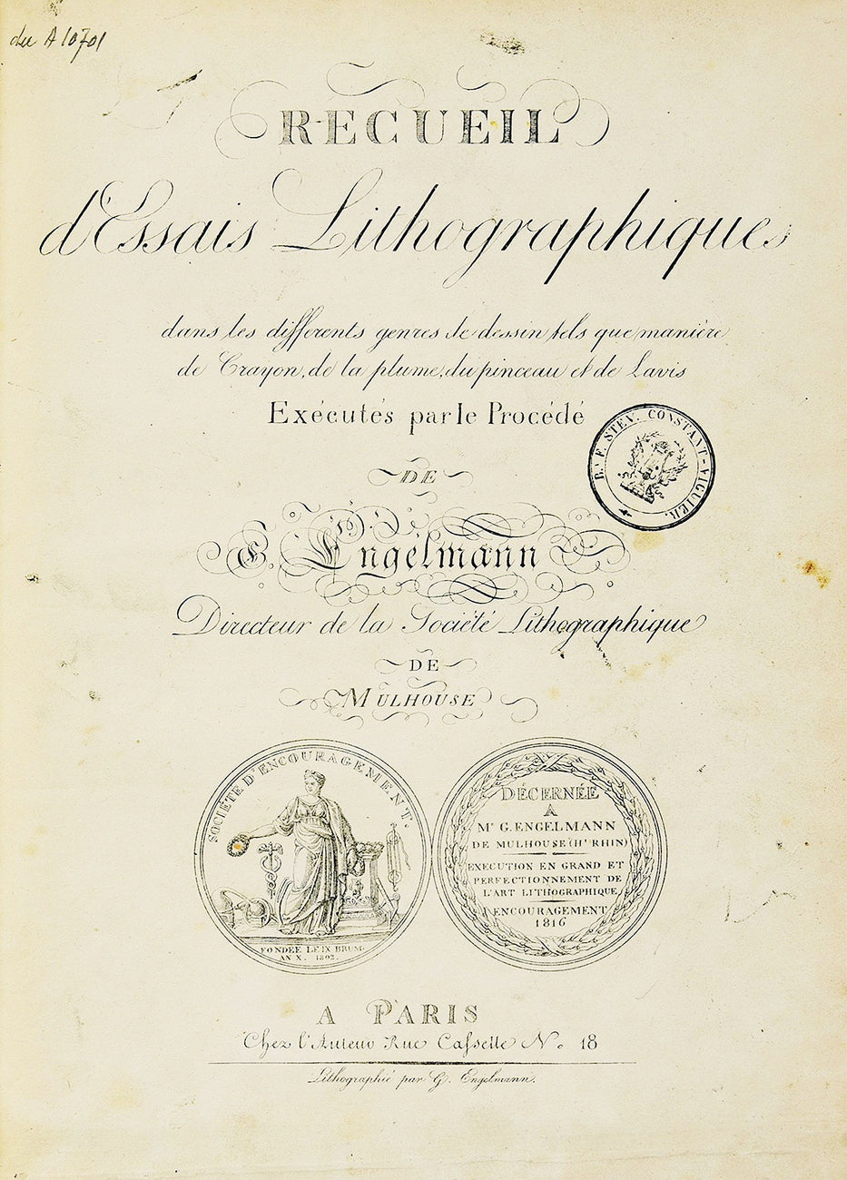 RECUEIL d’Essais Lithographiques / dans les différents genres de dessin tels que manière / de Crayon,  de la plume, du pinceau et du lavis / Exécutés par le Procédé de G. Engelmann...