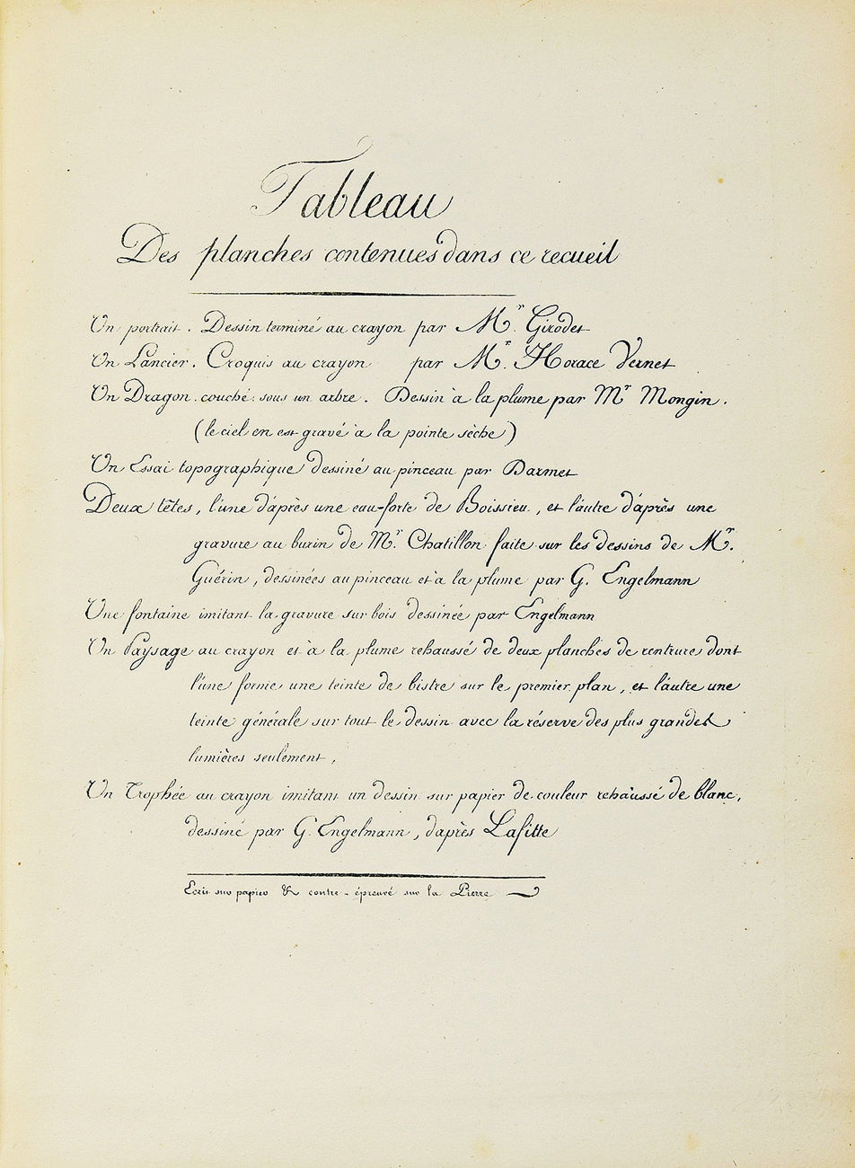 RECUEIL d’Essais Lithographiques / dans les différents genres de dessin tels que manière / de Crayon,  de la plume, du pinceau et du lavis / Exécutés par le Procédé de G. Engelmann...
