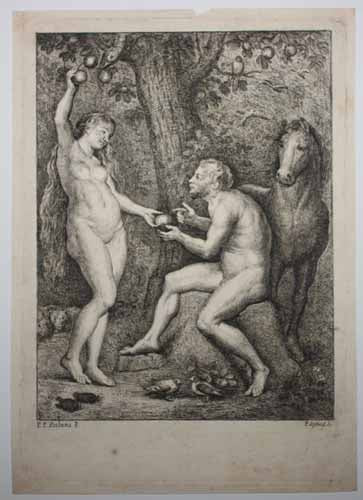 Eve présentant à Adam le fruit défendu.