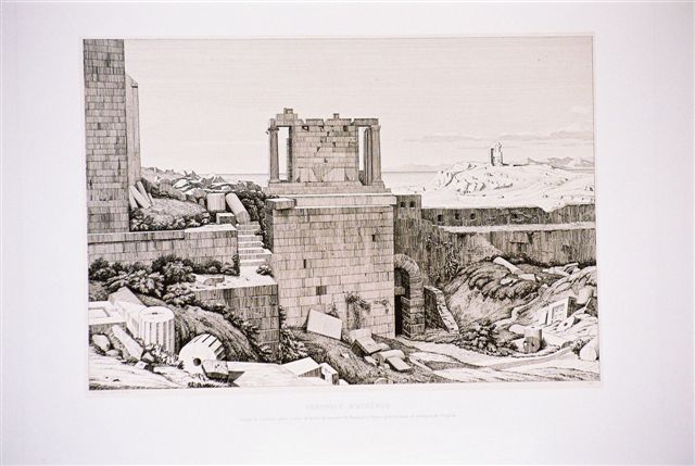 Acropole d'Athènes. Temple de la victoire aptère, Colline de musée et mausolée de Philopappus, Egine, Golfe saronique et montagnes de l'Argolide. 1845.
