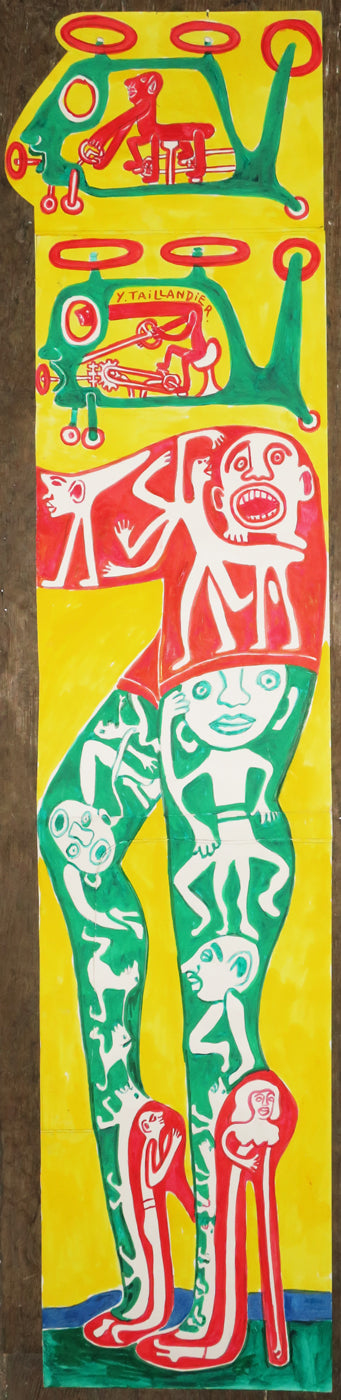 Composition en hauteur (Jambes et talons hauts tatoués de capitipède et autres personnages, Hélicoptères).