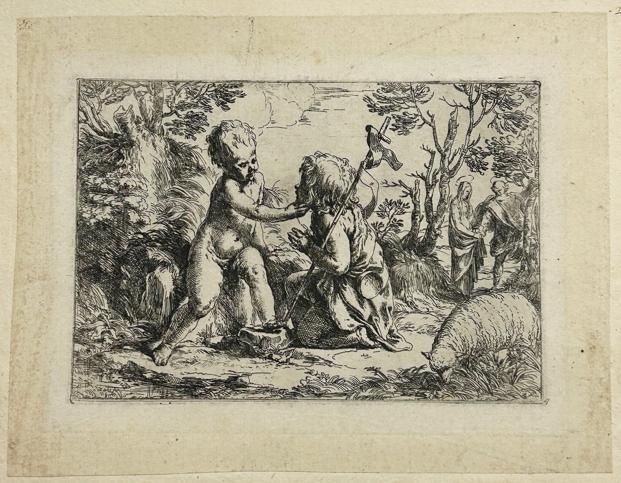 L'enfant Saint Jean-Baptiste agenouillé devant l'Enfant Jésus lui caressant son visage.Vers 1595-1600.