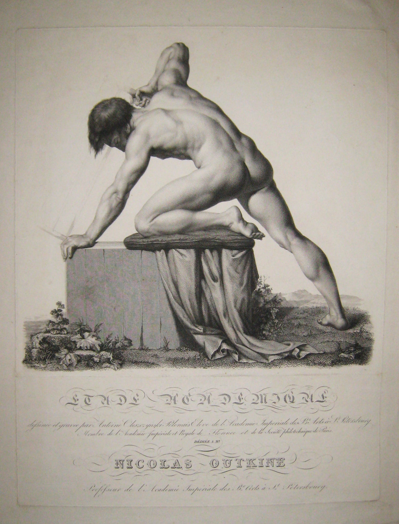 Etude Académique, dessinée et gravée par Antoine Oleszczynski, Polonais, Elève de l'Académie Impériale des Beaux Arts à St Pétersbourg, Membre de l'Académie Impériale et Royale de Florence et de la Société politechnique de Paris. Dédiée à Mr Nicolas Outkine, Professeur de l'Académie Impériale des Beaux Arts de St Pétersbourg.