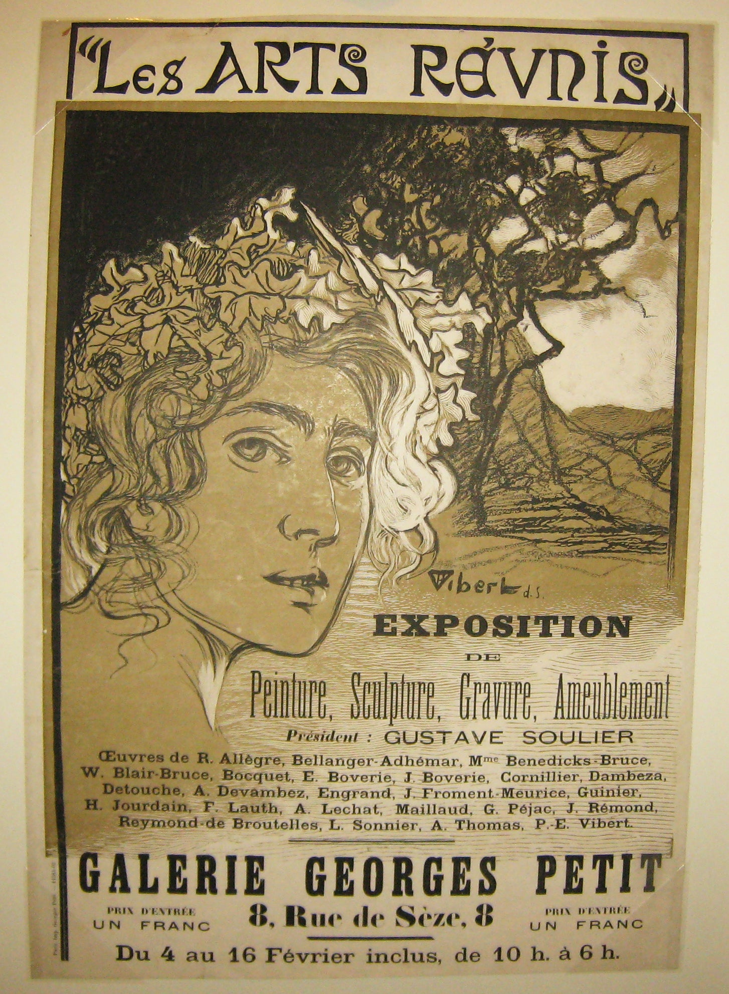 Affiche, Les Arts réunis. Exposition de Peinture, Sculpture, Gravure, Ameublement. A la galerie Georges Petit, 8 rue de Sèze, 8, à Paris, du 4 au 16 février inclus.