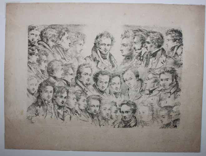 Portraits des élèves de l'atelier de M. Girodet: A. Colin, Louis Gudin, Morin, Feuillet, Despagne, Naudet, Eustache, Caillort, Poyet, Carpentier, Monanteuil, Charles, St-Port, Semah, Montison, Besson, Eustache…