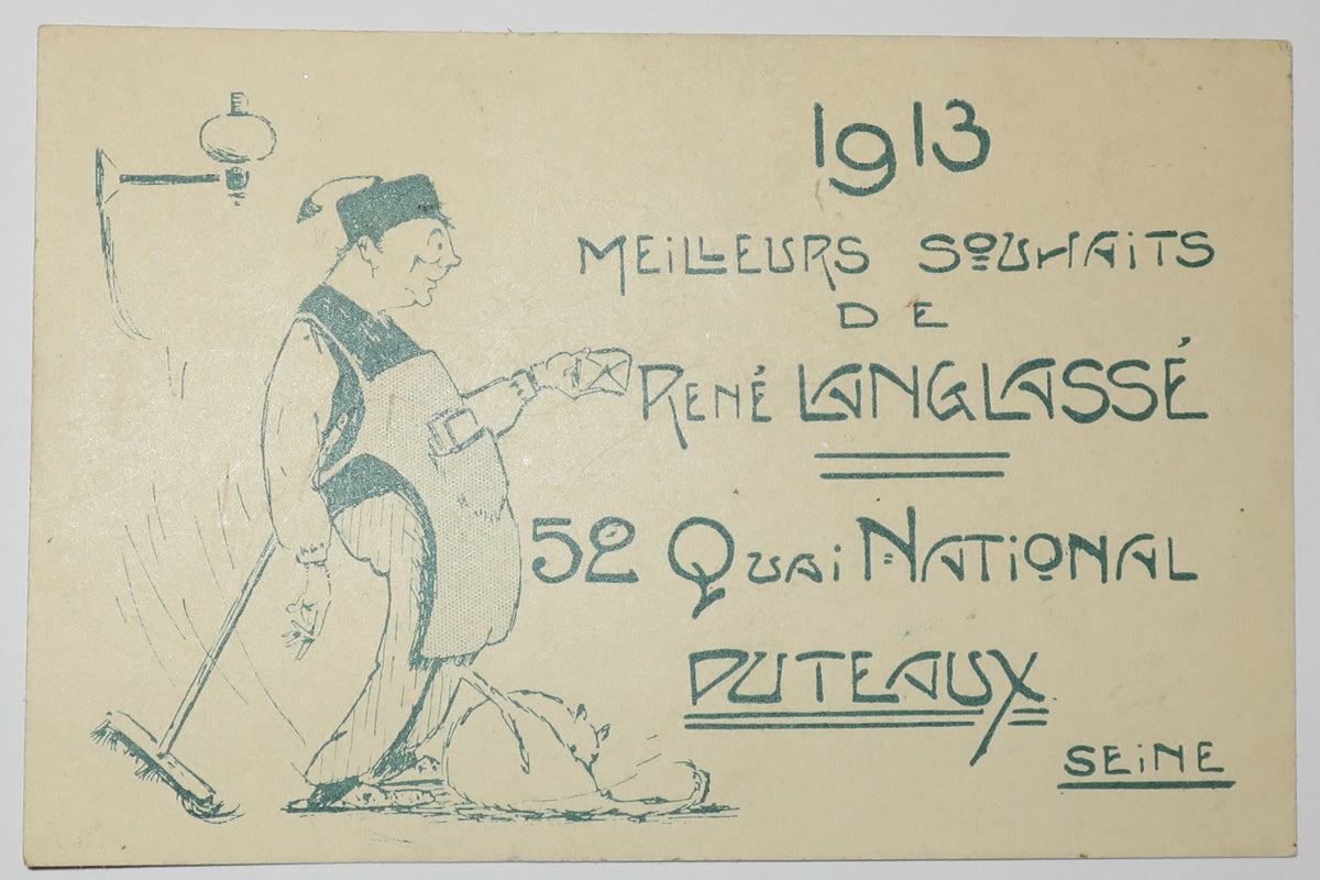 1913, Meilleurs souhaits de René Langlassé, 52 Quai National, Puteaux, Seine.