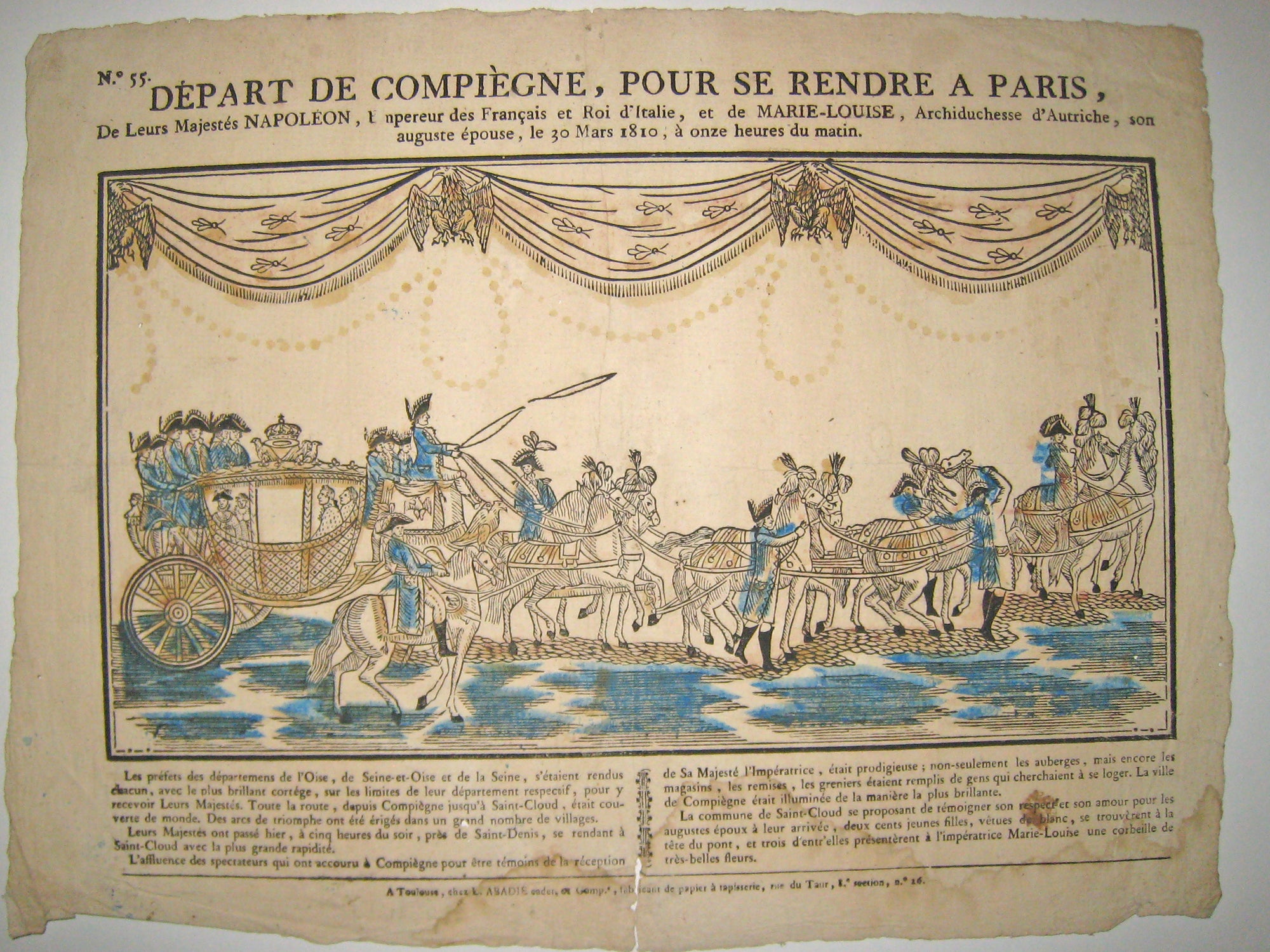 Départ de Compiègne, pour se rendre à Paris, de leurs Majestés Napoléon, Empereur des Français et Roi d'Italie, et de Marie-Louise, Archiduchesse d'Autriche, son auguste Epouse, le 30 mars 1810, à onze heures du matin.
