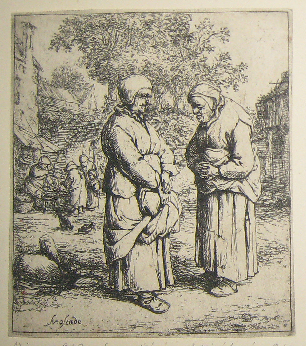 Bavardage de voisins, un stand de marché au au loin.(The two Gossips).