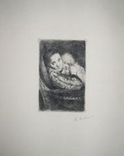 Mme Desboutin, assise dans un fauteuil, tenant un chien blanc.