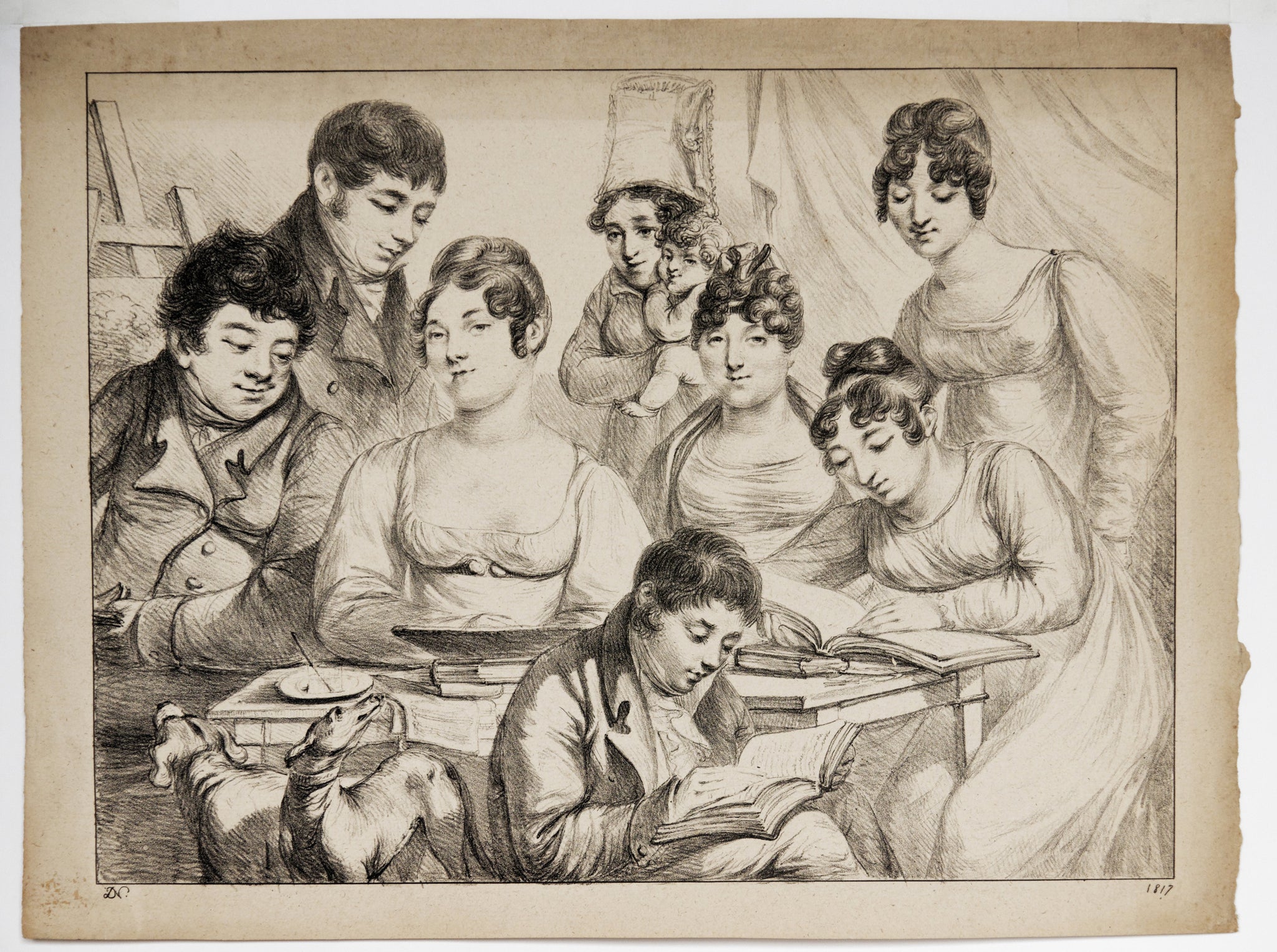 Conversation, une famille dessine et lit ; la nourrice porte un enfant.