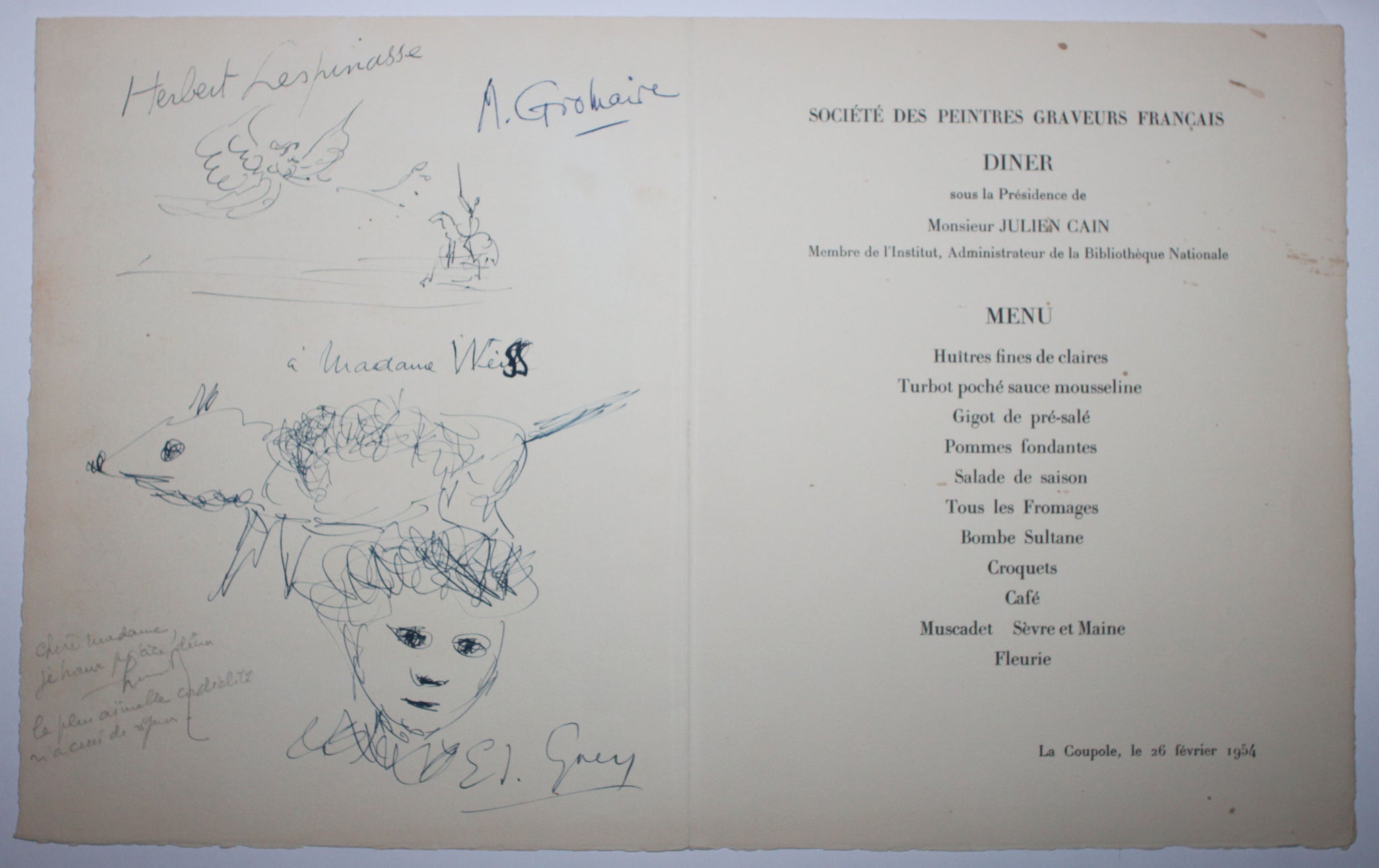 Menu pour la Société des Peintres Graveurs français à la Coupole le 26 février