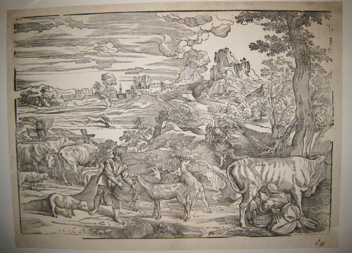 Paysage avec une fermière trayant une vache et un Jeune berger.