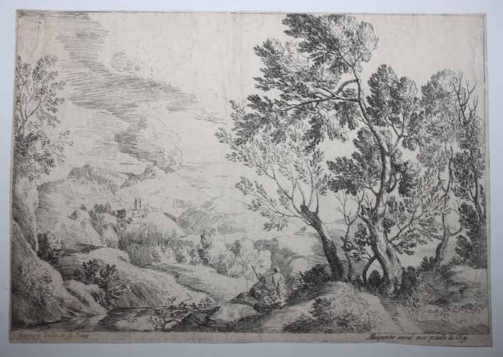 Paysage des Campagnes de Rome (Petites montagnes dont une surmontée d'une maison avec une tour carrée et une autre semblant volcanique).