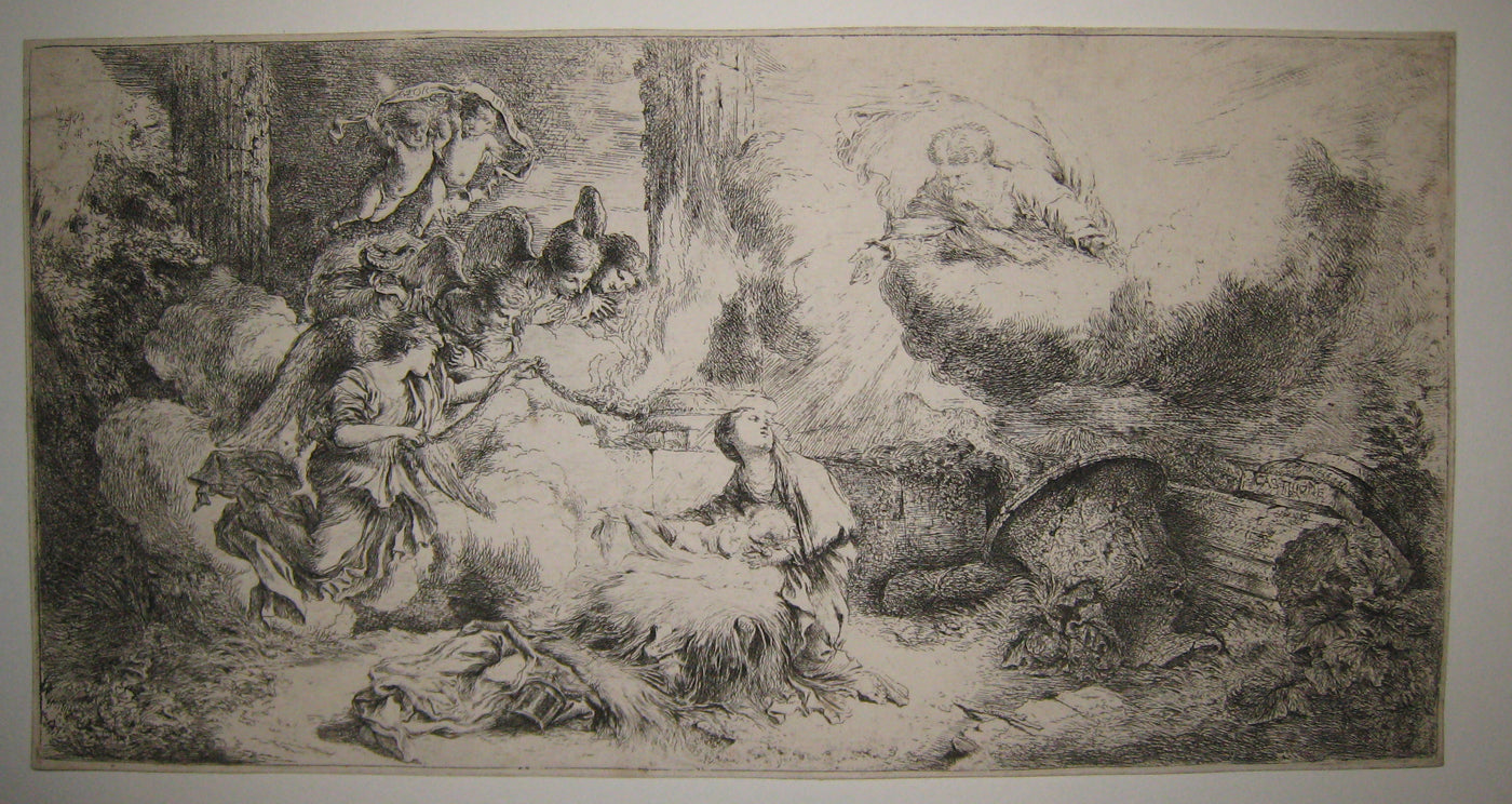 La Vierge à genoux, près de la crèche.