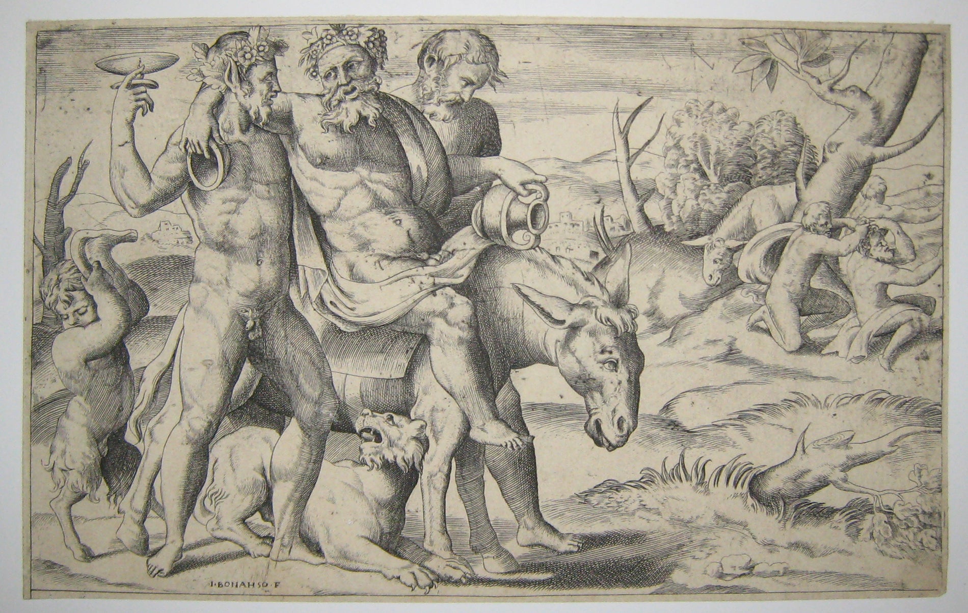 Silène monté sur un âne, se soutenant de chaque côté sur un Faune.