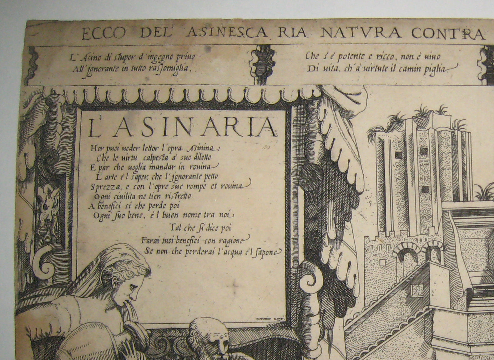 L'Asinaria. (Combat entre l'Ignorance et la Raison). Ecco del asinesca ria natura contra Virtu la Dispietata Guerra. c.1560-