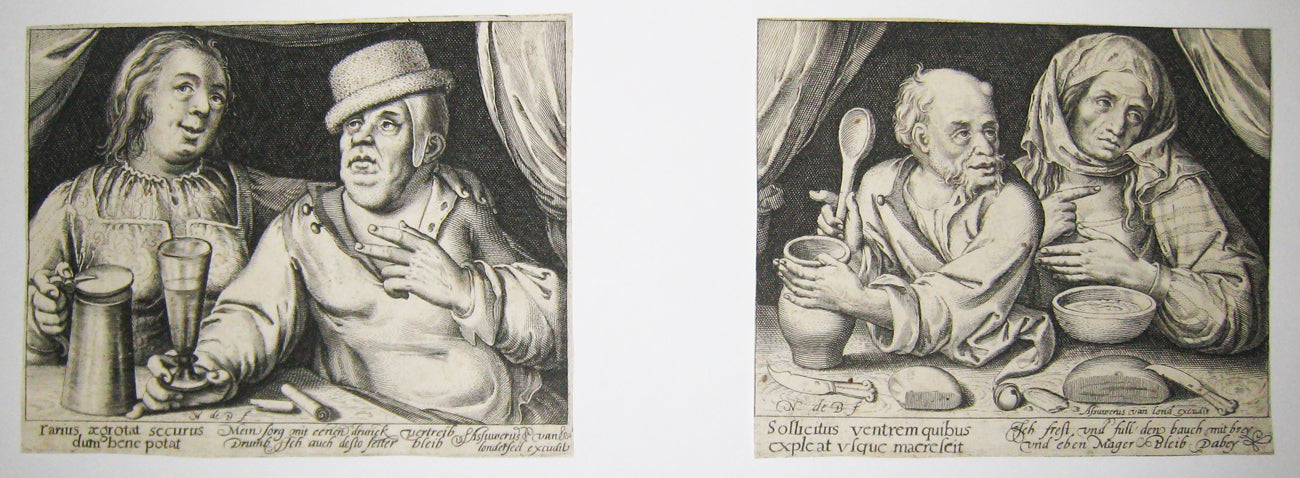 Homme buvant à côté de sa femme & Homme mangeant à côté de sa femme.