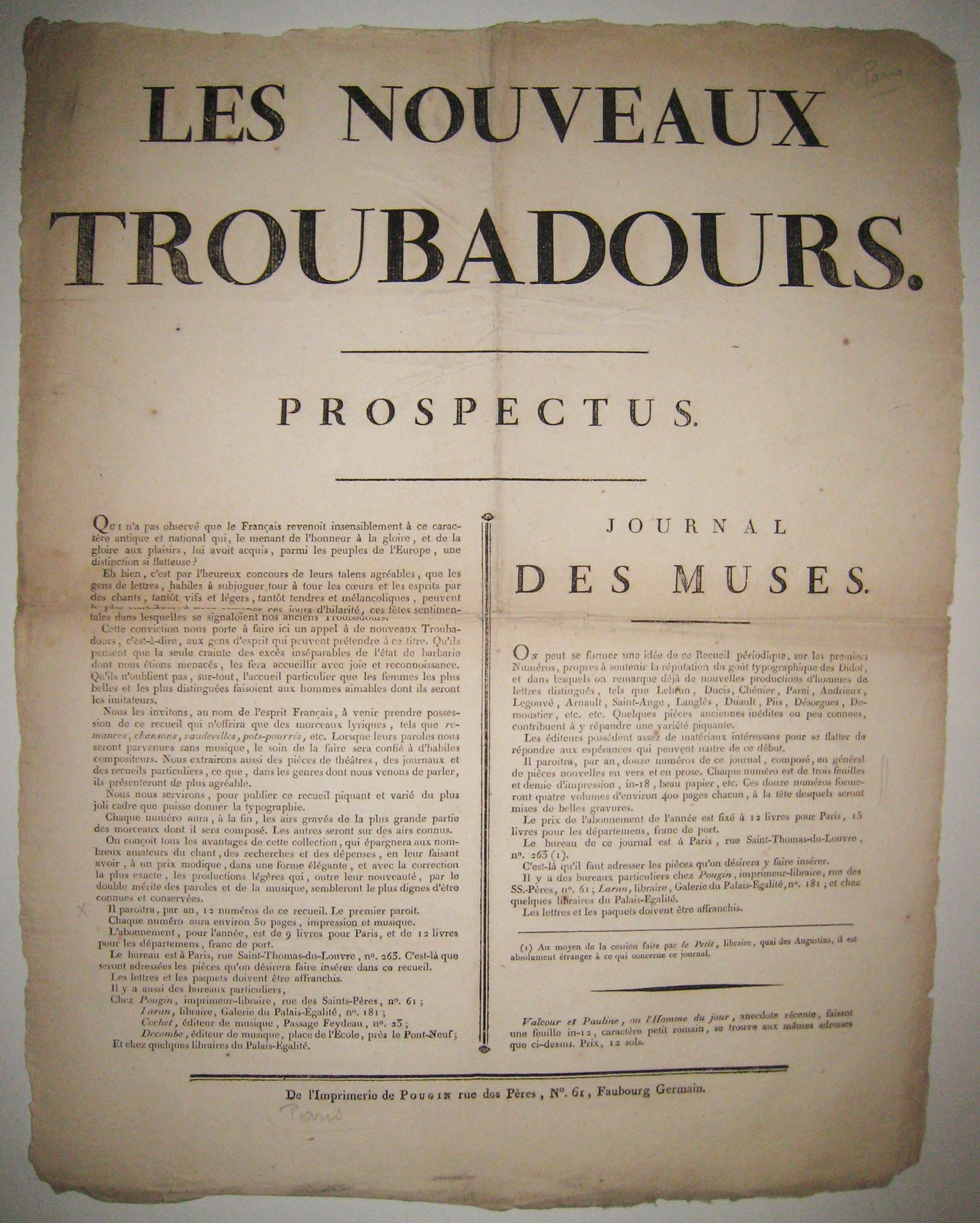 Affiche Prospectus pour Les nouveaux Troubadours ou Journal des Muses de Pougin.