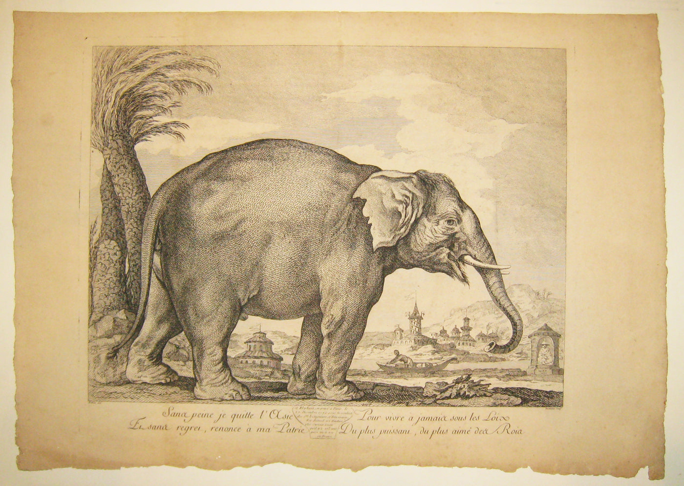 « Pour vivre à jamais sous les lois, du plus puissant, du plus aimé des Rois » Eléphant arrivé à Paris, le 27 décembre 1770, sous la conduite des Sieurs Les Gagneur et Trevisany.