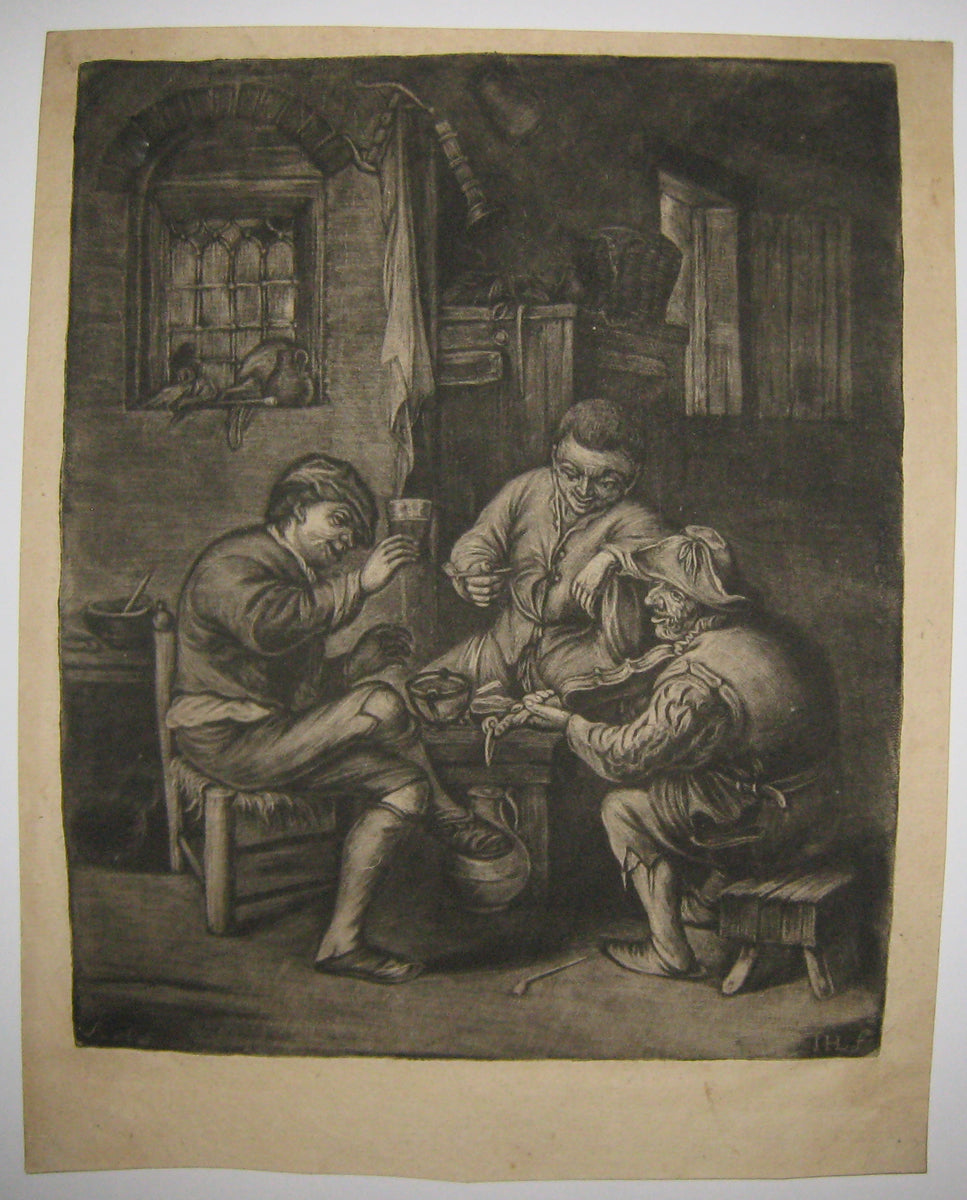 Un joueur de violon, un fumeur et un buveur autour d'une petite table.