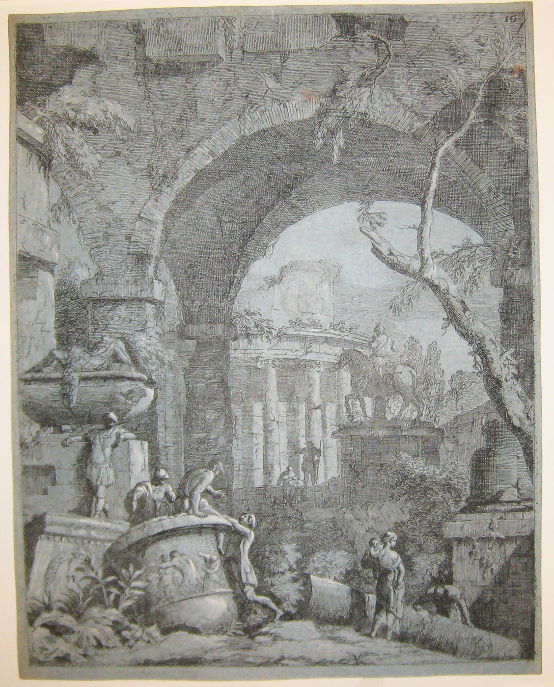 Caprice aux ruines classiques: statue équestre et temple rond.