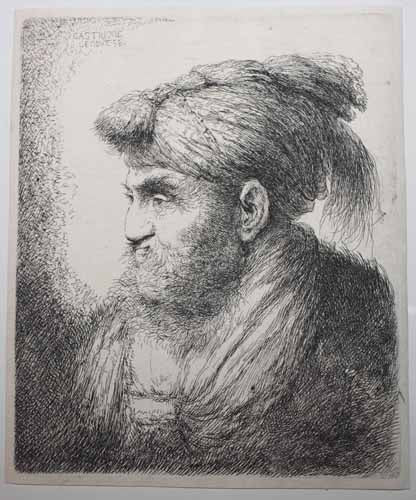 Tête d'homme tourné vers la gauche, avec un nœud sur le front.