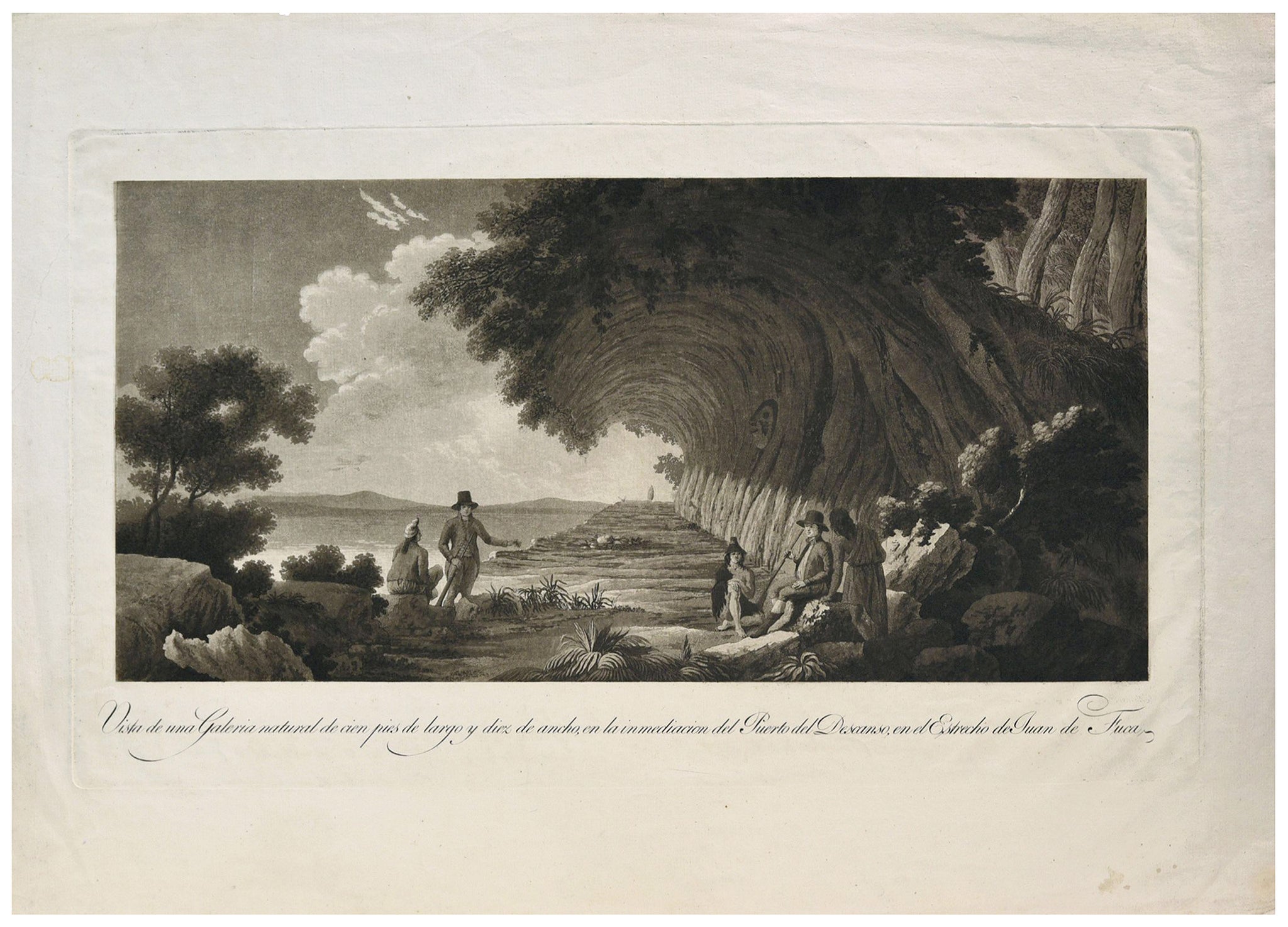 Vista de una Galería natural de cien pies de largo y diez de ancho, en la inmediación del Puerto del Descanso, en el Estrecho de Juan de Fuca, vers 1796