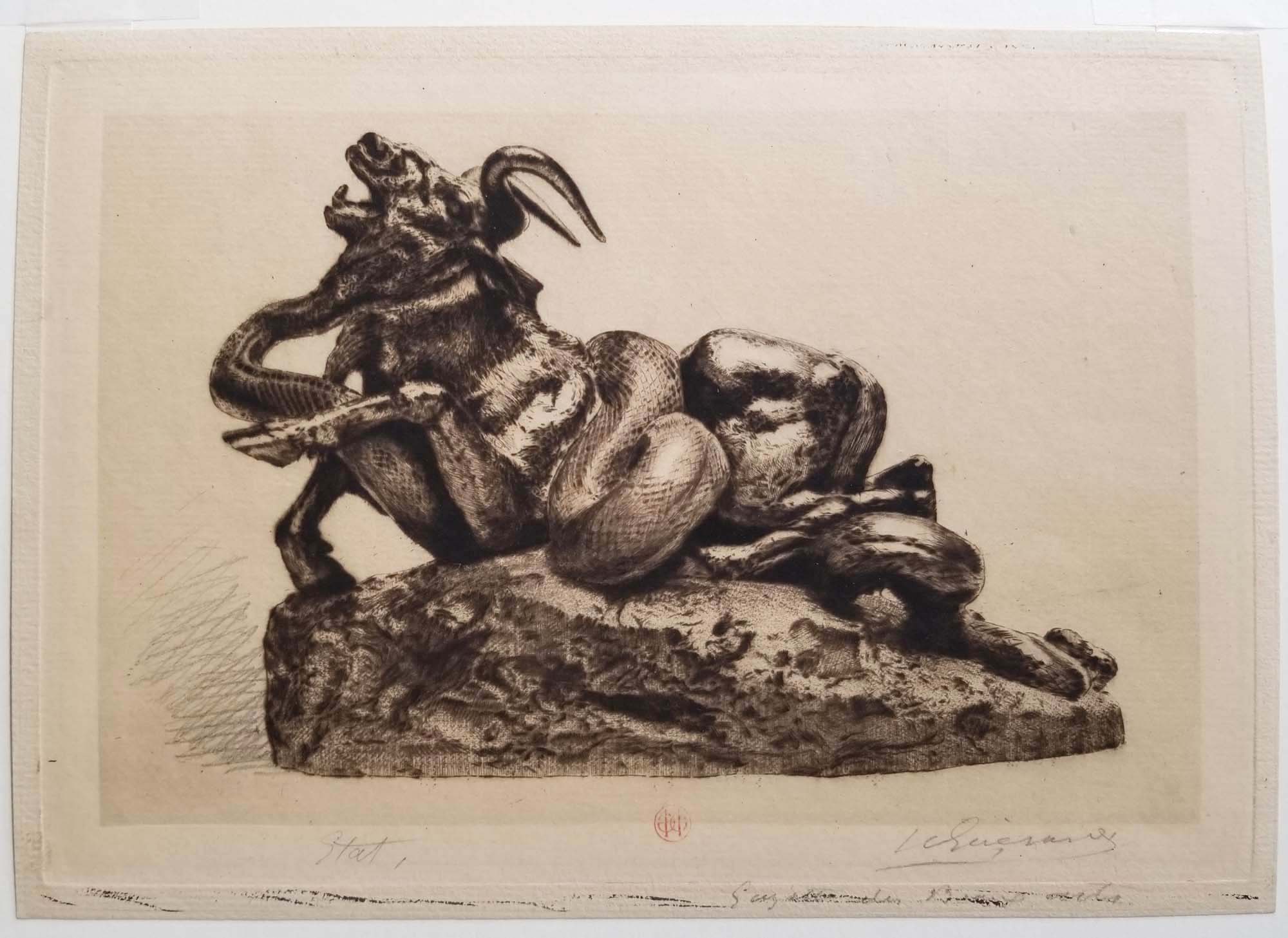 Auroch attaqué par un serpent. 1889.