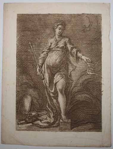 Femme debout et drapée, tenant un sceptre dans sa main droite et, dans sa main gauche, un rouleau.