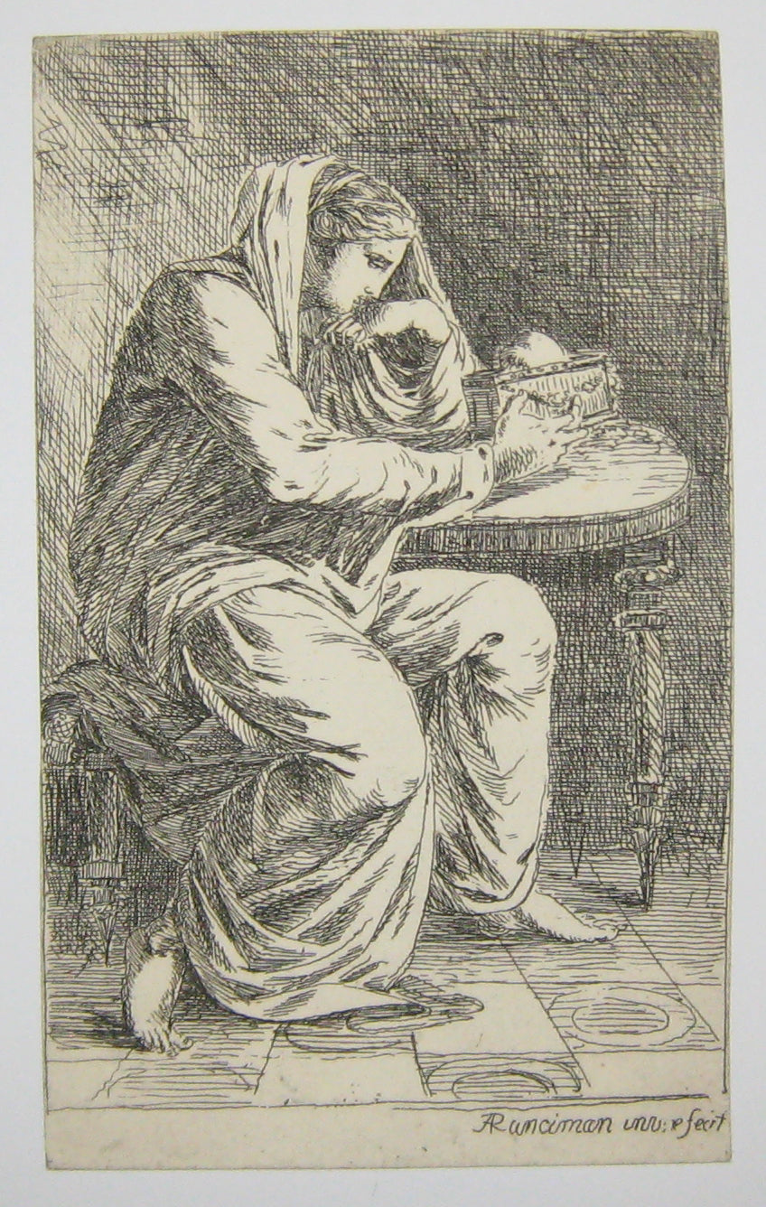 Sigismonde assise devant une table.